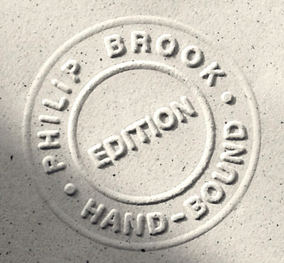 Embossed stamp of the hand bookbinder Philip Brook of Lindale